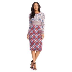 Maggy London Carmen Red Floral Geometric Midi Pencil Dress Long Sleeves Empire 8